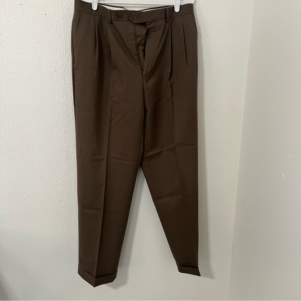 Chaps Menβs 100% Wool Brown Pleated Dress Pants - Size 34x32 Cuff Hems EUC
